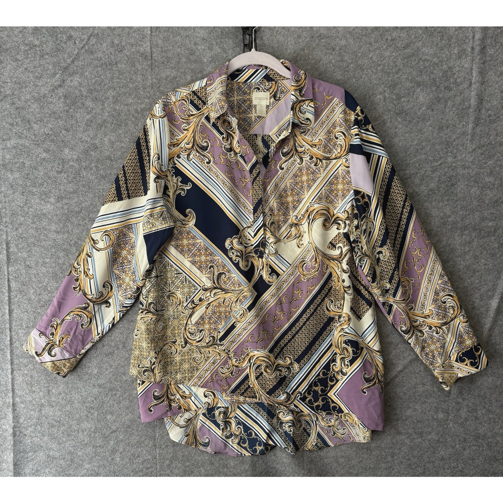 Chicos Layered Blouse Women Sz 2 US 12 Gold Purple Paisley 1/4 Button Classy